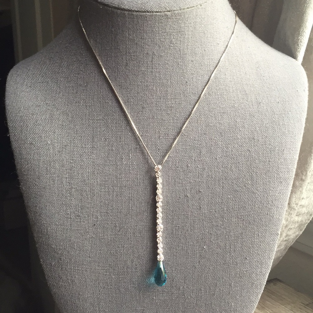 vintage Sterling CZ Aqua briolette pendant chain